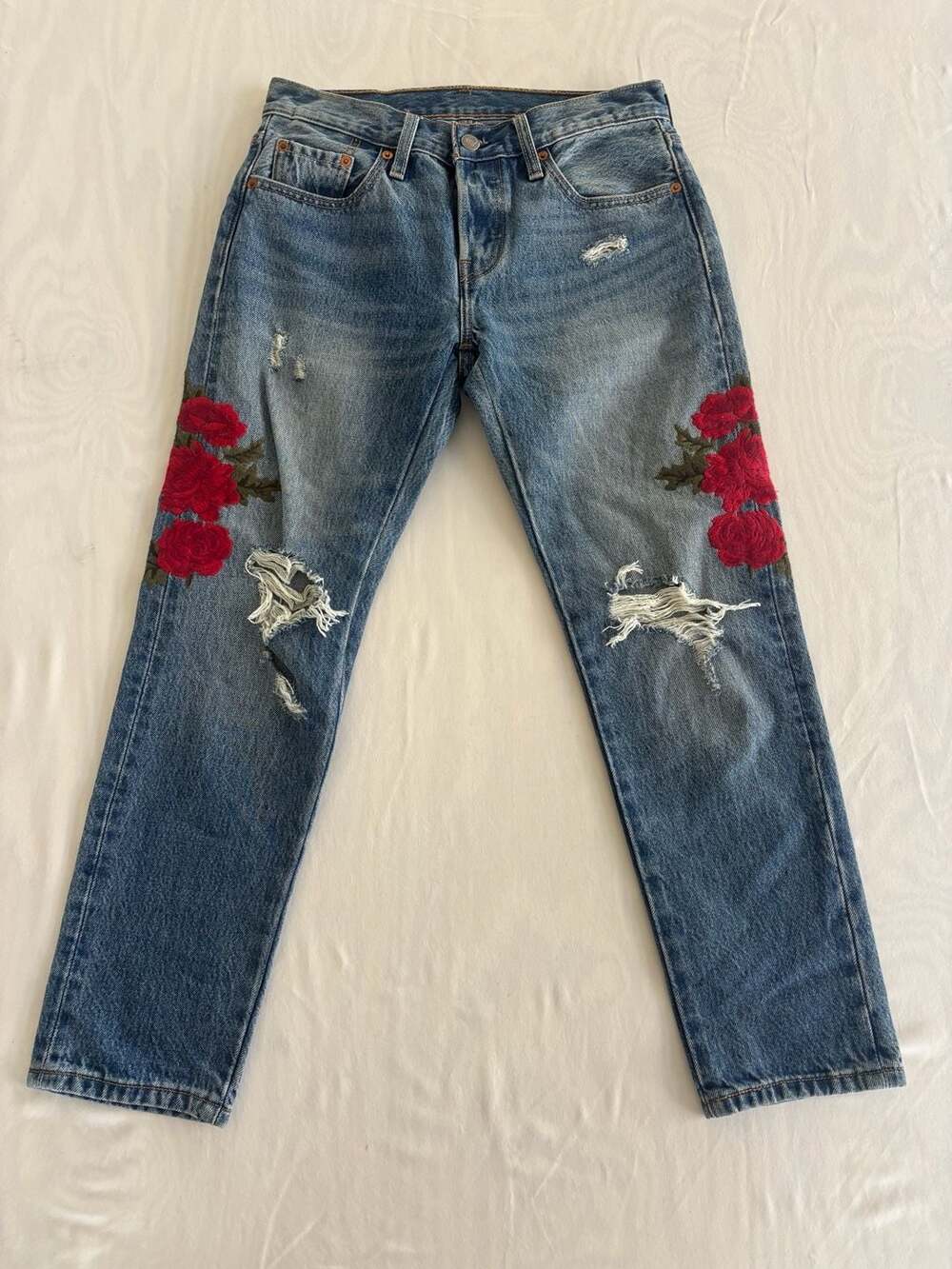Levi's 501 Taper Rose Embroidered Distressed Crop Jeans